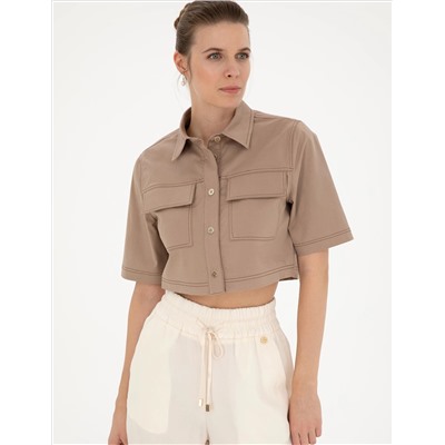Bej Crop Top Kısa Kollu Gömlek