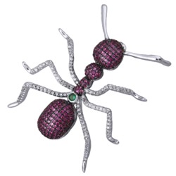 Брошь Муравей (белый фианит, фуксия; покрытие родий)