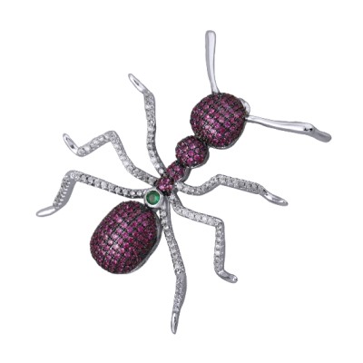 Брошь Муравей (белый фианит, фуксия; покрытие родий)