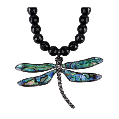 Колье Стрекоза (гелиотис, агат; покрытие черный родий) 45-50см, Есть комплект