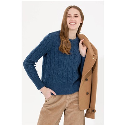 Kadın Mavi Bisiklet Yaka Kazak