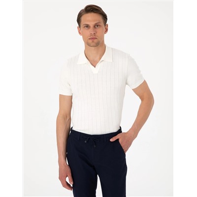 Ekru Slim Fit %100 Pamuk Polo Yaka Triko Tişört
