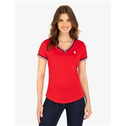 V-NECK SIGNATURE STRIPE TRIM T-SHIRT