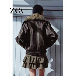 Теплая женская кожаная куртка в ретро стиле со съёмным воротником  ZAR*A 💤
