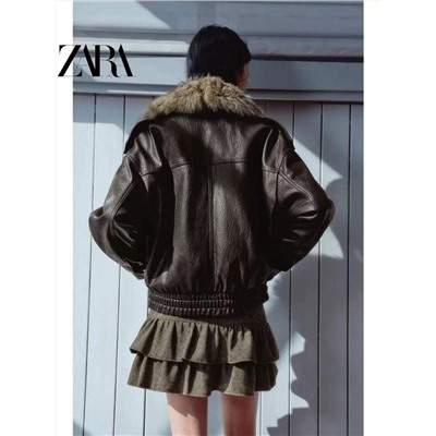 Теплая женская кожаная куртка в ретро стиле со съёмным воротником  ZAR*A 💤