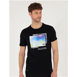 Siyah Slim Fit Baskılı Bisiklet Yaka Tişört