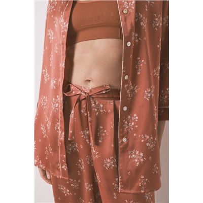 Pijama camisero largo satén naranja