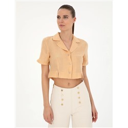 Bej Keten Karışımlı Slim Fit Crop Gömlek