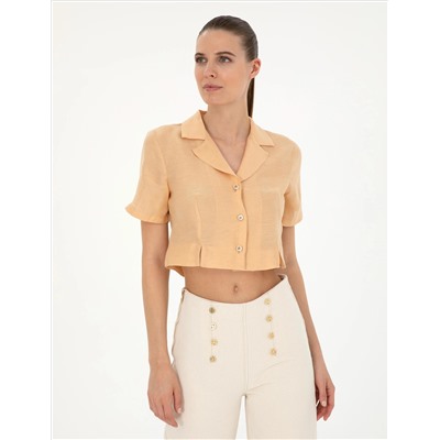 Bej Keten Karışımlı Slim Fit Crop Gömlek
