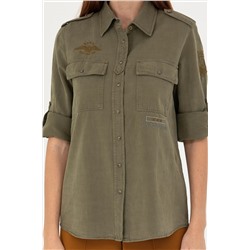 Kadın Haki Uzun Kollu Gömlek