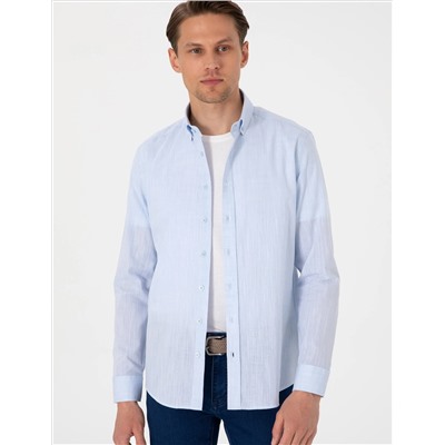 Açık Mavi Keten Görünümlü Slim Fit Uzun Kollu Gömlek