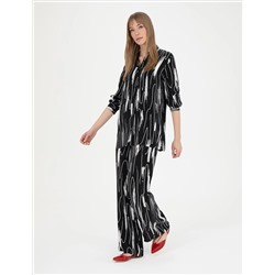 Siyah Cupro Desenli Wide Leg Pantolon