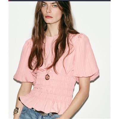 SMOCKED PUFF SLEEVE TOP