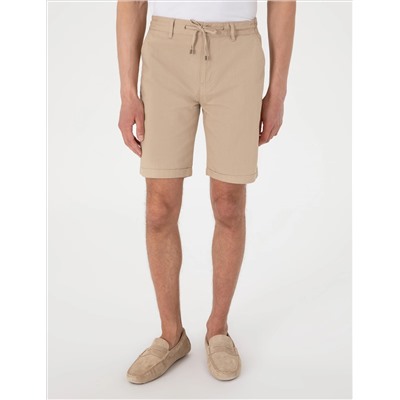Bej Slim Fit Beli Lastikli Bağcıklı Dokuma Şort