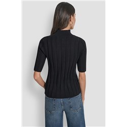 ELBOW SLEEVE WIDE RIB MOCK NECK WITH LOGO PATCH