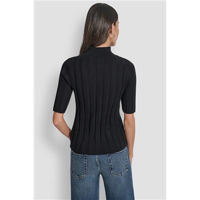 ELBOW SLEEVE WIDE RIB MOCK NECK WITH LOGO PATCH