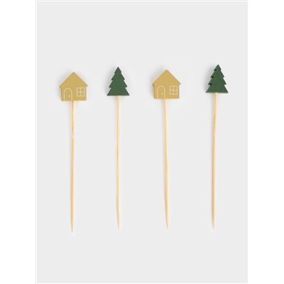 Шпажка для канапе, 9 см, 20 шт, бамбук, зеленая/золотистая, Елка и дом, New year