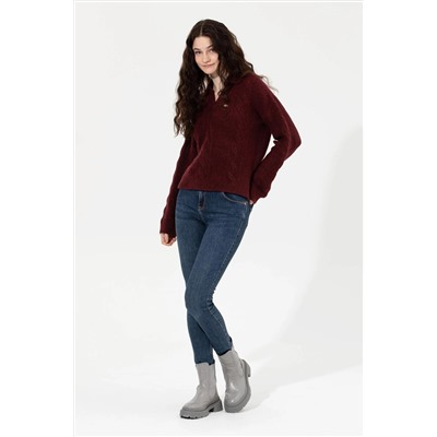 Kadın Bordo V - Yaka Kazak