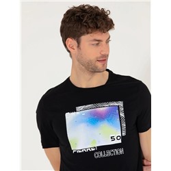 Siyah Slim Fit Baskılı Bisiklet Yaka Tişört