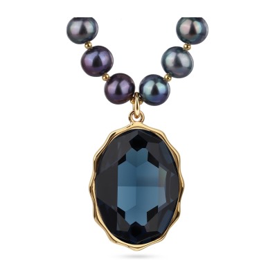 Колье Сияние (кристаллы SW темно-синие, жемчуг бензин 8-9мм; золото) 43-48см, Есть комплект