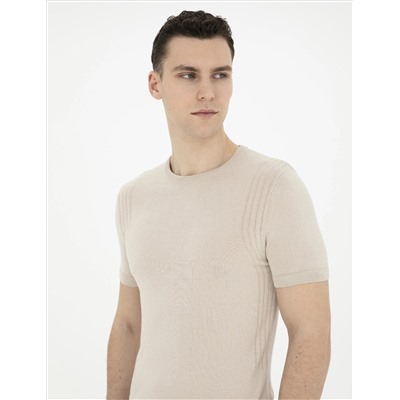 Bej Slim Fit Bisiklet Yaka Triko Tişört