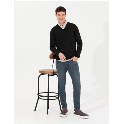 Siyah Slim Fit V Yaka Triko Kazak