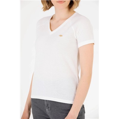 Kadın Ekru V - Yaka Tişört