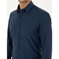 Lacivert Slim Fit Armürlü Uzun Kollu Gömlek