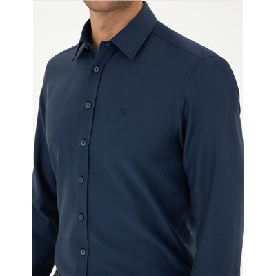 Lacivert Slim Fit Armürlü Uzun Kollu Gömlek