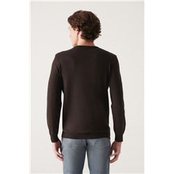 Kahverengi Bisiklet Yaka Önü Dokulu Pamuklu Triko Kazak