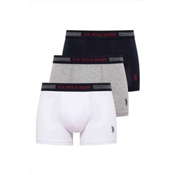 U.S. Polo Assn. Yazılı Lacivert Gri Beyaz 3'lü Pamuklu Likralı Erkek Boxer
