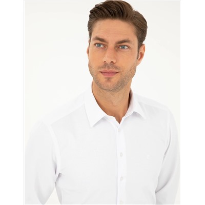Beyaz Slim Fit Armürlü Uzun Kollu Gömlek