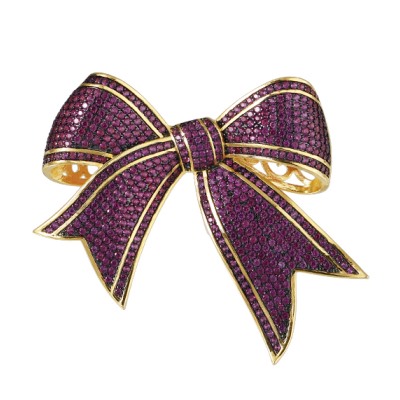 Брошь Бант (фианит фуксия; покрытие золото)