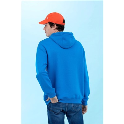 Kobalt Kapüşonlu Oversize Basic Sweatshirt