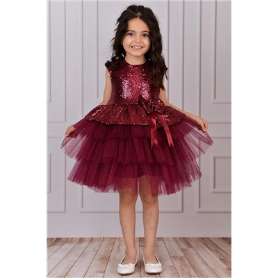 Mixie Kız Çocuk Bordo Doğum Günü Tüllü Abiye Elbise 9352