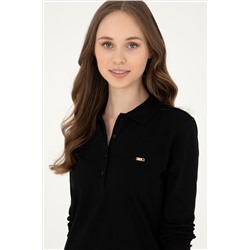 Kadın Siyah Basic Polo Yaka Sweatshirt