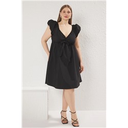 Trendyol Curve Siyah V Yaka Balon Kollu Fiyonklu A-Line Mini Büyük Beden Elbise TBBSS25AH00156