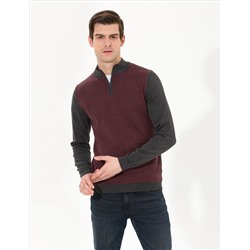 Gri Melanj Slim Fit Fermuarlı Dik Yaka Triko Kazak