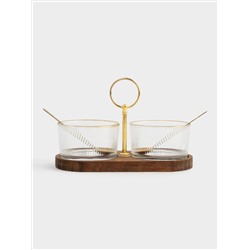Вазочка для джема, 20x10 см, 2 шт, с ложками, на подставке, стекло/дерево/нержавеющая сталь, золотистая, Sonnet