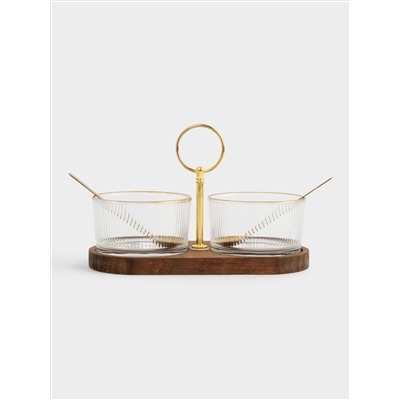 Вазочка для джема, 20x10 см, 2 шт, с ложками, на подставке, стекло/дерево/нержавеющая сталь, золотистая, Sonnet