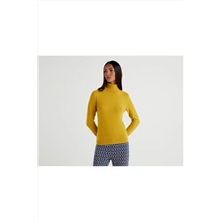 United Colors of Benetton Benetton Kadın Sarı Yeşil Dik Yaka Merino Kazak 122A1002D2348-32W