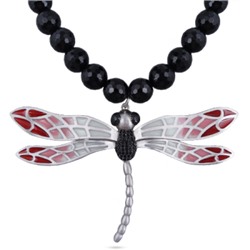 Колье Стрекоза (эмаль серая, красная, агат; покрытие матовый родий) 45-50см, Есть комплект