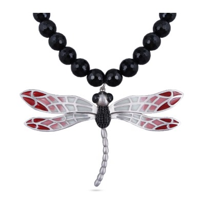 Колье Стрекоза (эмаль серая, красная, агат; покрытие матовый родий) 45-50см, Есть комплект