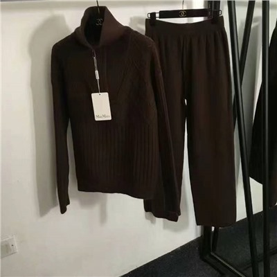 MaxMar* новый вязаный спортивный костюм, толстовка с высоким воротником и длинными рукавами с полумолнией + повседневные брюки, белый, розовый, черный, темно-коричневый, серый, абрикосовый, [один размер подходит всем, ширина плеч 60, обхват груди 120, длина рукава 55, длина одежды 58; талия 66, резинка, длина 101]