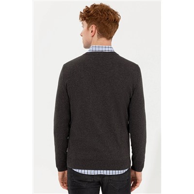 Erkek Antrasit Melanj V - Yaka Basic Triko Kazak