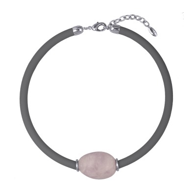 Колье Терра (кварц розовый, каучук темно-серый; покрытие родий) 45-50см, Есть комплект