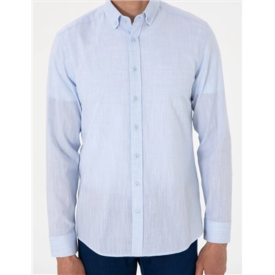 Açık Mavi Keten Görünümlü Slim Fit Uzun Kollu Gömlek