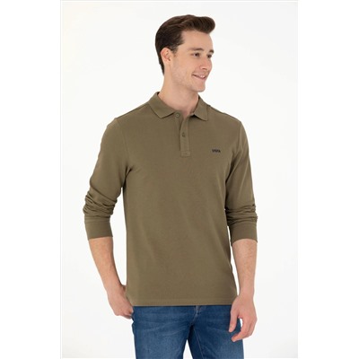 Erkek Haki Polo Yaka Basic Sweatshirt
