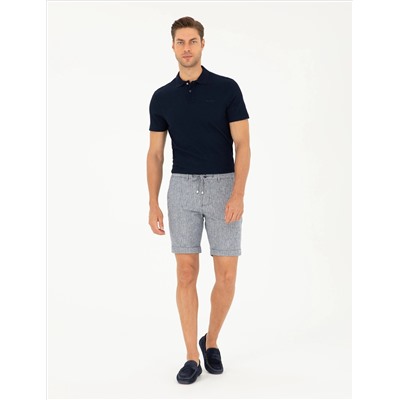 Açık Lacivert Slim Fit Keten Karışımlı Beli Lastikli Bağcıklı Dokuma Şort