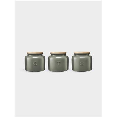 Банка для сыпучих продуктов, 600 мл, 3 шт, фарфор P/дерево, круглая, серо-зеленая, Indulgence